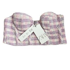 ZARA Tweed Boucle Bustier Corset Sweetheart Tube Crop Top Medium Pink Purple NWT